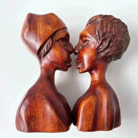 Vintage Hand Carved Wood Sculptures Man & Women Couple Bust African folk art - Picture 5 of 6